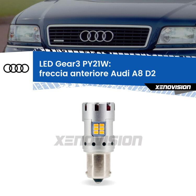 0 Freccia Anteriore LED Audi A8 D2 1994 - 2002: PY21W Gear3 <strong>Freccia Anteriore LED no-spie per Audi A8</strong> D2 1994 - 2002. Lampada <strong>PY21W</strong> modello Gear3 no Hyperflash, raffreddata a ventola.