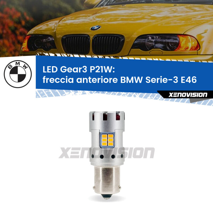0 Freccia Anteriore LED BMW Serie-3 E46 faro giallo: P21W Gear3 <strong>Freccia Anteriore LED no-spie per BMW Serie-3</strong> E46 faro giallo. Lampada <strong>P21W</strong> modello Gear3 no Hyperflash, raffreddata a ventola.