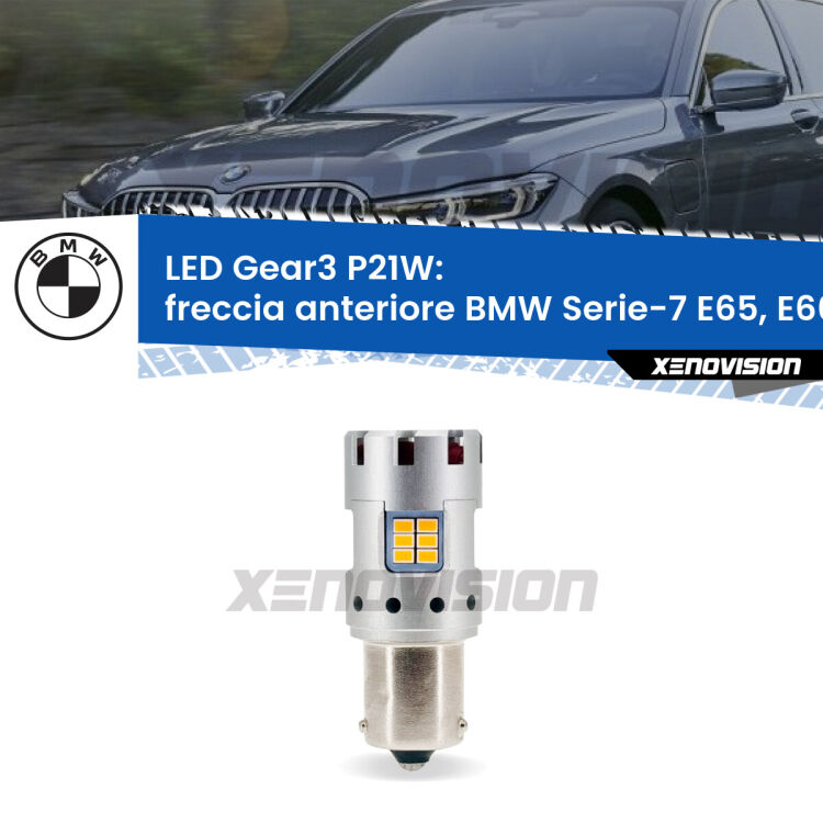 0 Freccia Anteriore LED BMW Serie-7 E65, E66, E67 faro giallo: P21W Gear3 <strong>Freccia Anteriore LED no-spie per BMW Serie-7</strong> E65, E66, E67 faro giallo. Lampada <strong>P21W</strong> modello Gear3 no Hyperflash, raffreddata a ventola.