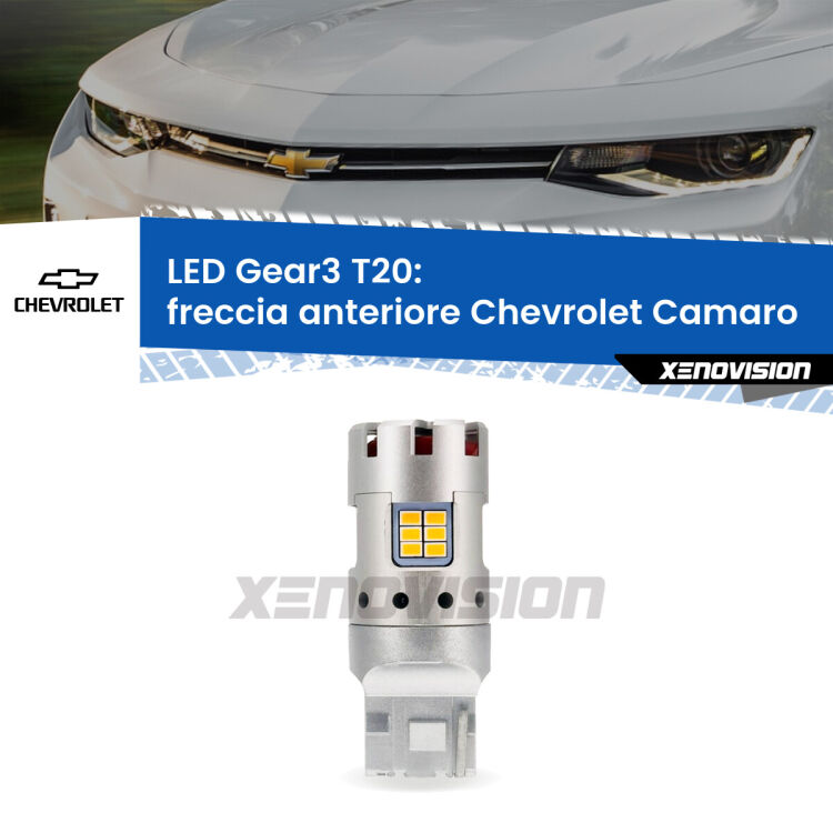 0 Freccia Anteriore LED Chevrolet Camaro  2015 in poi: T20 Gear3 <strong>Freccia Anteriore LED no-spie per Chevrolet Camaro</strong>  2015 in poi. Lampada <strong>T20</strong> modello Gear3 no Hyperflash, raffreddata a ventola.