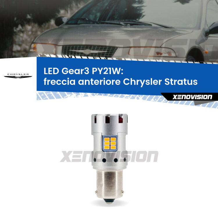 0 Freccia Anteriore LED Chrysler Stratus 1995 - 2001: PY21W Gear3 <strong>Freccia Anteriore LED no-spie per Chrysler Stratus</strong> 1995 - 2001. Lampada <strong>PY21W</strong> modello Gear3 no Hyperflash, raffreddata a ventola.