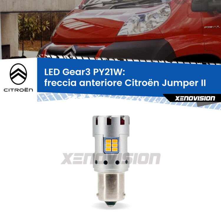 0 Freccia Anteriore LED Citroën Jumper II 2002 in poi: PY21W Gear3 <strong>Freccia Anteriore LED no-spie per Citroën Jumper</strong> II 2002 in poi. Lampada <strong>PY21W</strong> modello Gear3 no Hyperflash, raffreddata a ventola.