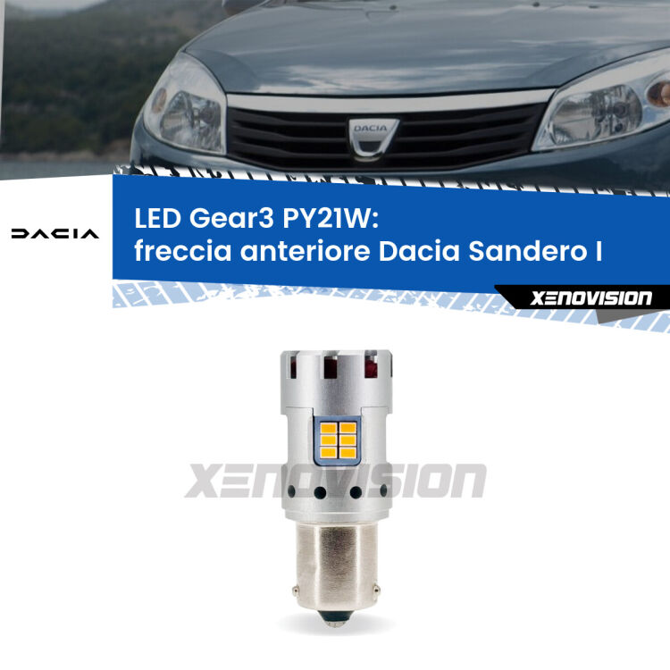 0 Freccia Anteriore LED Dacia Sandero I 2008 - 2012: PY21W Gear3 <strong>Freccia Anteriore LED no-spie per Dacia Sandero I</strong> 2008 - 2012. Lampada <strong>PY21W</strong> modello Gear3 no Hyperflash, raffreddata a ventola.