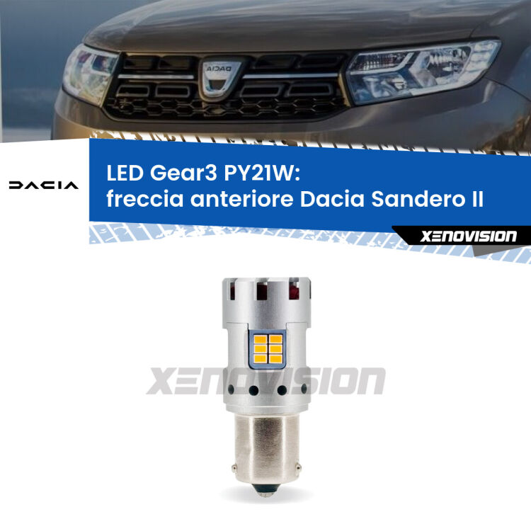 0 Freccia Anteriore LED Dacia Sandero II 2012 in poi: PY21W Gear3 <strong>Freccia Anteriore LED no-spie per Dacia Sandero II</strong> 2012 in poi. Lampada <strong>PY21W</strong> modello Gear3 no Hyperflash, raffreddata a ventola.