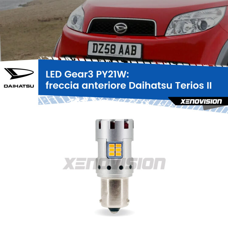 0 Freccia Anteriore LED Daihatsu Terios II faro bianco: PY21W Gear3 <strong>Freccia Anteriore LED no-spie per Daihatsu Terios</strong> II faro bianco. Lampada <strong>PY21W</strong> modello Gear3 no Hyperflash, raffreddata a ventola.