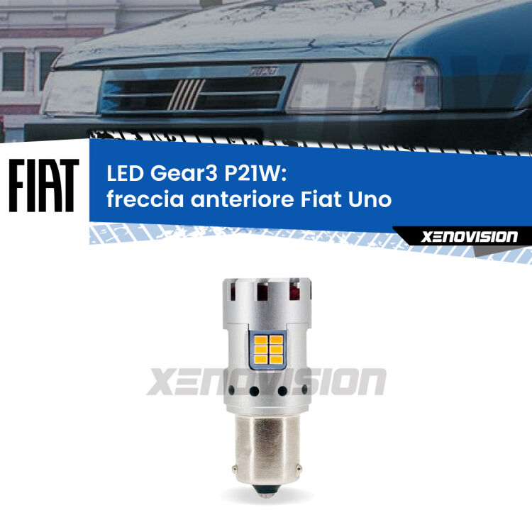 0 Freccia Anteriore LED Fiat Uno 1983 - 1995: P21W Gear3 <strong>Freccia Anteriore LED no-spie per Fiat Uno</strong> 1983 - 1995. Lampada <strong>P21W</strong> modello Gear3 no Hyperflash, raffreddata a ventola.