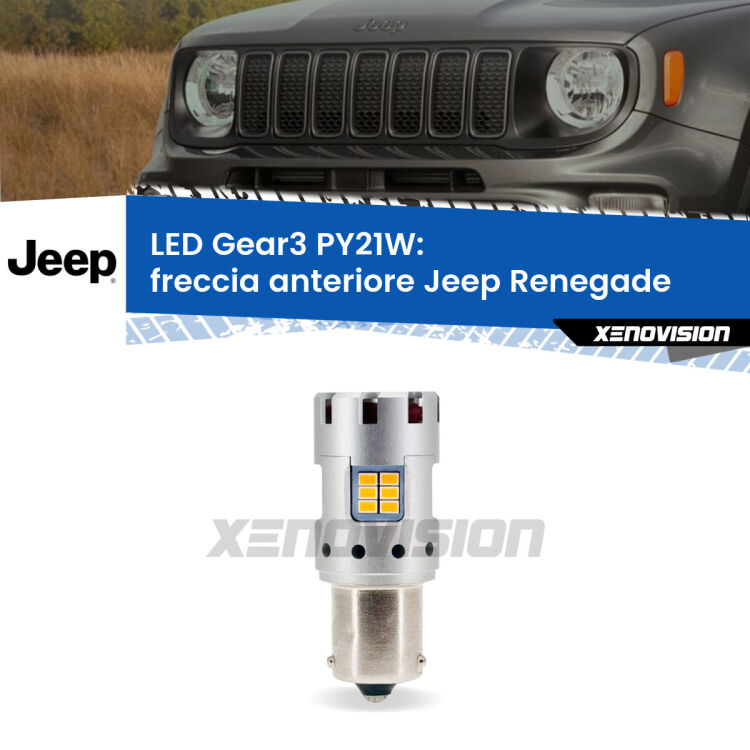 0 Freccia Anteriore LED Jeep Renegade 2014 in poi: PY21W Gear3 <strong>Freccia Anteriore LED no-spie per Jeep Renegade</strong> 2014 in poi. Lampada <strong>PY21W</strong> modello Gear3 no Hyperflash, raffreddata a ventola.