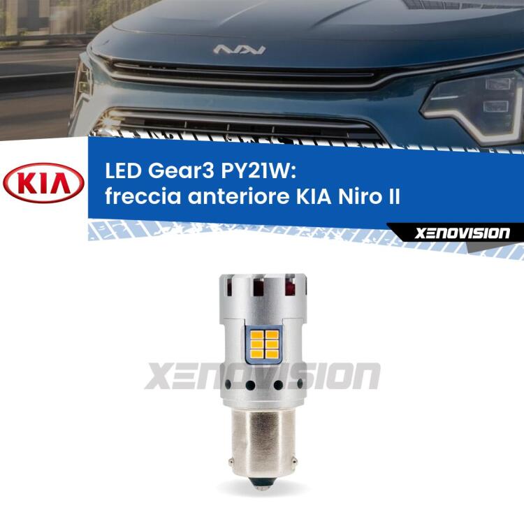 <strong>Freccia Anteriore LED no-spie per KIA Niro</strong> II 2021 in poi. Lampada <strong>PY21W</strong> modello Gear3 no Hyperflash, raffreddata a ventola.