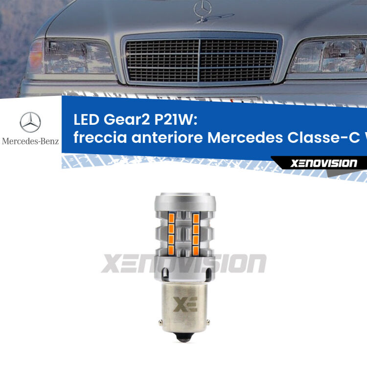 Freccia Anteriore LED Mercedes Classe-C W202 faro giallo: P21W Gear2 FINE SERIE: NO GARANZIA FINE SERIE: NO GARANZIA <strong>Freccia Anteriore LED no-spie per Mercedes Classe-C</strong> W202 faro giallo. Lampada <strong>P21W</strong> modello Gear2 no Hyperflash.
