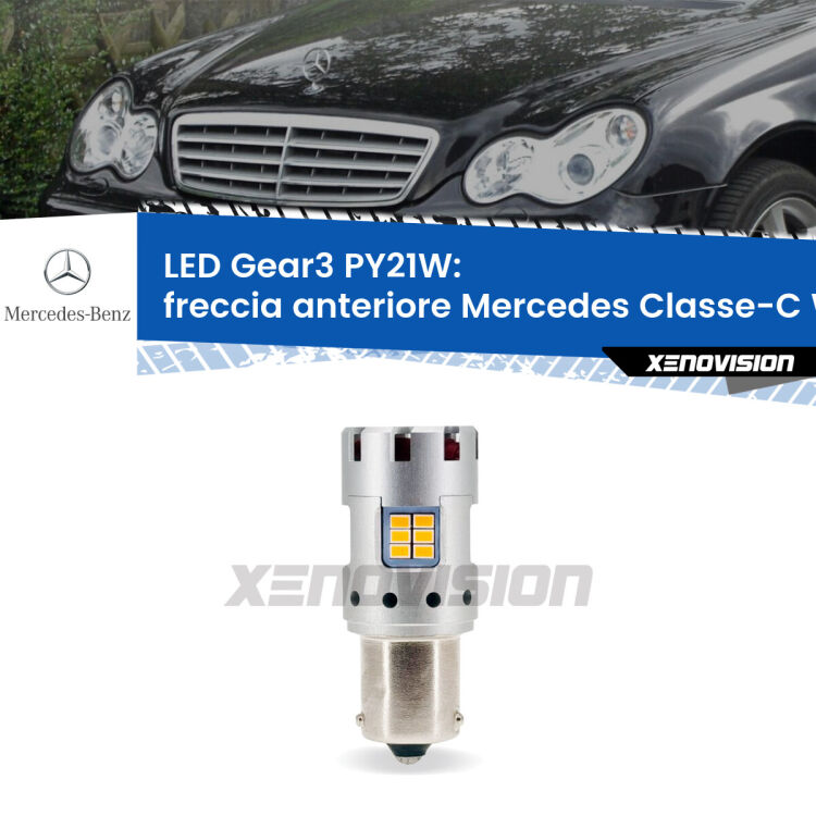 0 Freccia Anteriore LED Mercedes Classe-C W203 2000 - 2007: PY21W Gear3 <strong>Freccia Anteriore LED no-spie per Mercedes Classe-C</strong> W203 2000 - 2007. Lampada <strong>PY21W</strong> modello Gear3 no Hyperflash, raffreddata a ventola.