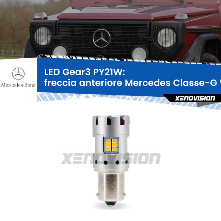 0 Freccia Anteriore LED Mercedes Classe-G W461 faro bianco: PY21W Gear3 <strong>Freccia Anteriore LED no-spie per Mercedes Classe-G</strong> W461 faro bianco. Lampada <strong>PY21W</strong> modello Gear3 no Hyperflash, raffreddata a ventola.