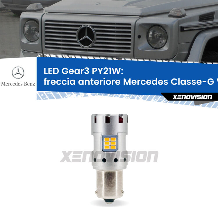 0 Freccia Anteriore LED Mercedes Classe-G W463 faro bianco: PY21W Gear3 <strong>Freccia Anteriore LED no-spie per Mercedes Classe-G</strong> W463 faro bianco. Lampada <strong>PY21W</strong> modello Gear3 no Hyperflash, raffreddata a ventola.