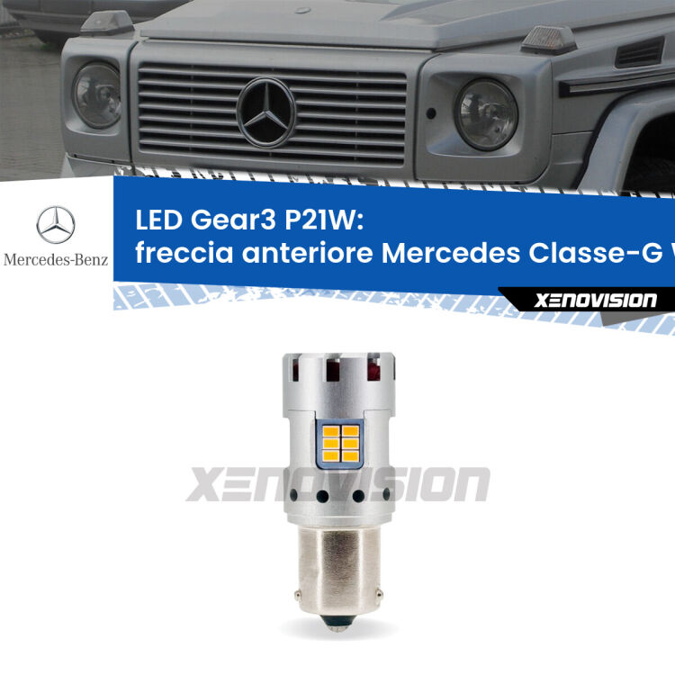0 Freccia Anteriore LED Mercedes Classe-G W463 faro giallo: P21W Gear3 <strong>Freccia Anteriore LED no-spie per Mercedes Classe-G</strong> W463 faro giallo. Lampada <strong>P21W</strong> modello Gear3 no Hyperflash, raffreddata a ventola.