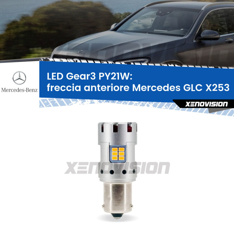 0 Freccia Anteriore LED Mercedes GLC X253 con fari xenon: PY21W Gear3 <strong>Freccia Anteriore LED no-spie per Mercedes GLC</strong> X253 con fari xenon. Lampada <strong>PY21W</strong> modello Gear3 no Hyperflash, raffreddata a ventola.