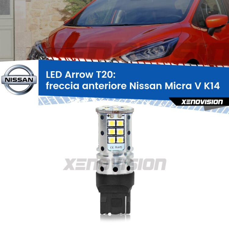 0 Freccia Anteriore LED Nissan Micra V K14 2016 in poi: T20 Arrow <strong>Freccia Anteriore LED no-spie per Nissan Micra V</strong> K14 2016 in poi. Lampada <strong>T20</strong> no Hyperflash modello Arrow.