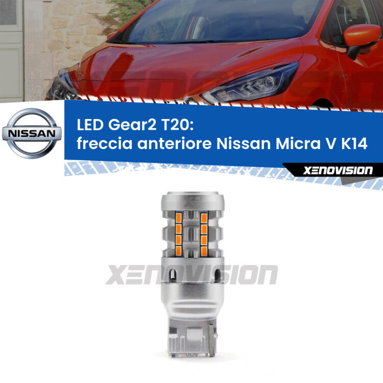 0 Freccia Anteriore LED Nissan Micra V K14 2016 in poi: T20 Gear2 FINE SERIE: NO GARANZIA FINE SERIE: NO GARANZIA <strong>Freccia Anteriore LED no-spie per Nissan Micra V</strong> K14 2016 in poi. Lampada <strong>T20</strong> modello Gear2 no Hyperflash.