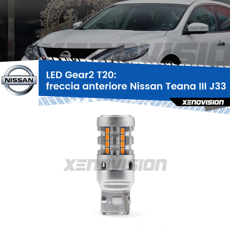 0 Freccia Anteriore LED Nissan Teana III J33 2013 in poi: T20 Gear2 FINE SERIE: NO GARANZIA FINE SERIE: NO GARANZIA <strong>Freccia Anteriore LED no-spie per Nissan Teana III</strong> J33 2013 in poi. Lampada <strong>T20</strong> modello Gear2 no Hyperflash.