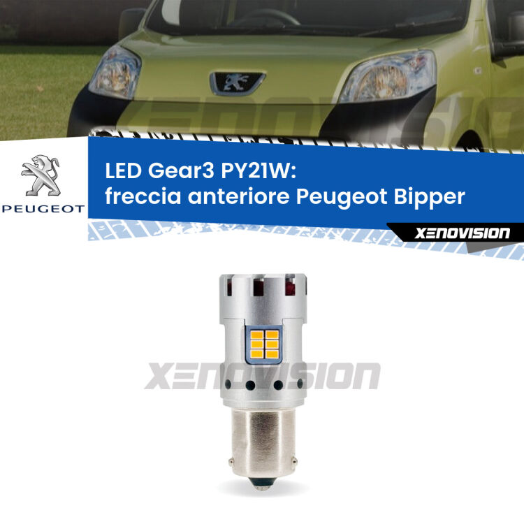 0 Freccia Anteriore LED Peugeot Bipper 2008 in poi: PY21W Gear3 <strong>Freccia Anteriore LED no-spie per Peugeot Bipper</strong> 2008 in poi. Lampada <strong>PY21W</strong> modello Gear3 no Hyperflash, raffreddata a ventola.