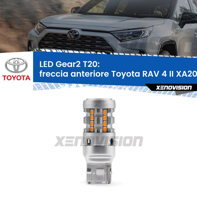 Freccia Anteriore LED Toyota RAV 4 II XA20 faro giallo: T20 Gear2 FINE SERIE: NO GARANZIA FINE SERIE: NO GARANZIA <strong>Freccia Anteriore LED no-spie per Toyota RAV 4 II</strong> XA20 faro giallo. Lampada <strong>T20</strong> modello Gear2 no Hyperflash.