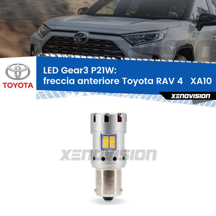 0 Freccia Anteriore LED Toyota RAV 4 XA10 1994 - 1997: P21W Gear3 <strong>Freccia Anteriore LED no-spie per Toyota RAV 4 </strong> XA10 1994 - 1997. Lampada <strong>P21W</strong> modello Gear3 no Hyperflash, raffreddata a ventola.