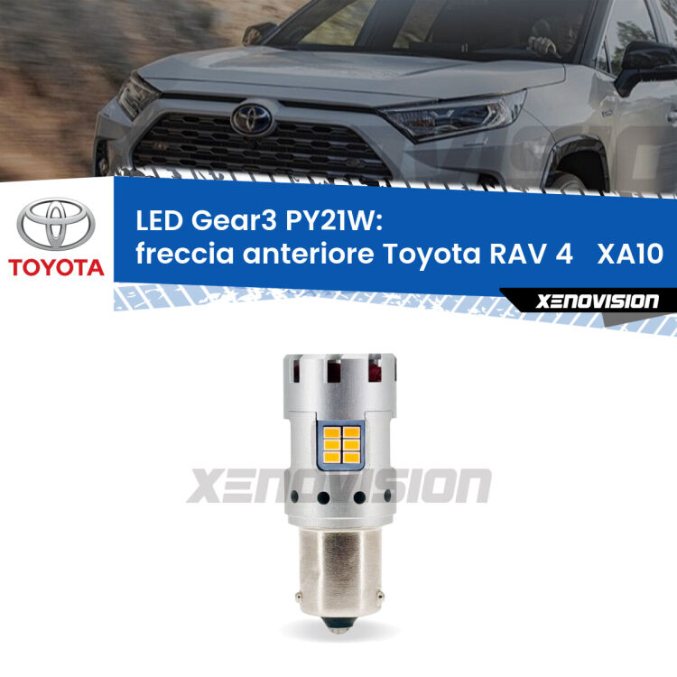 0 Freccia Anteriore LED Toyota RAV 4 XA10 1997 - 2000: PY21W Gear3 <strong>Freccia Anteriore LED no-spie per Toyota RAV 4 </strong> XA10 1997 - 2000. Lampada <strong>PY21W</strong> modello Gear3 no Hyperflash, raffreddata a ventola.