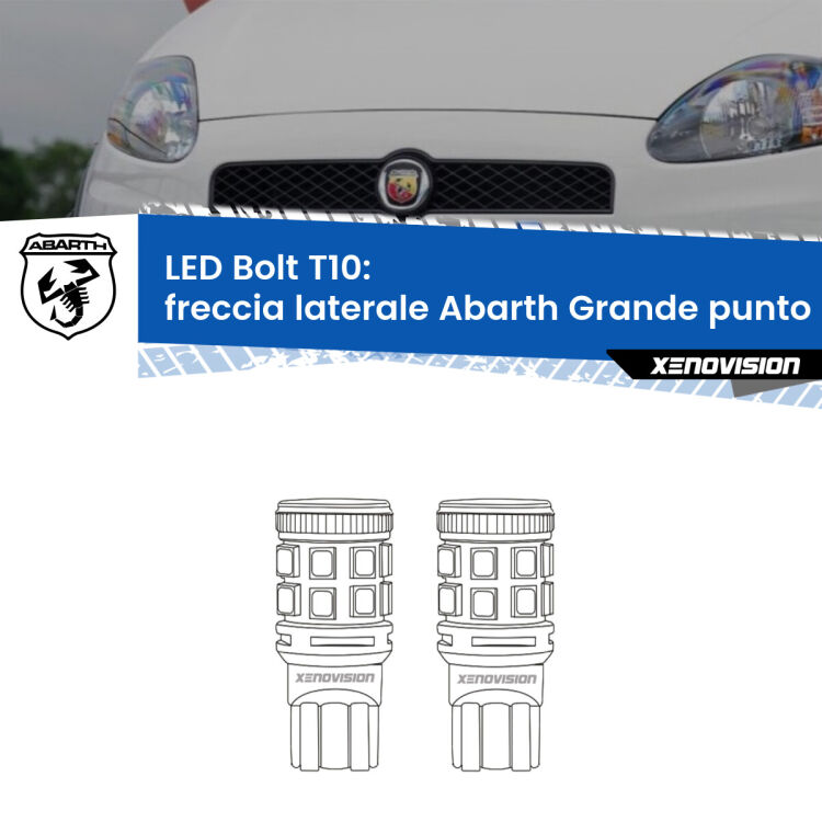 0 Freccia laterale LED Abarth Grande punto 2007 - 2010: T10 Bolt <strong>Freccia laterale LED per Abarth Grande punto</strong> 2007 - 2010. Coppia lampade <strong>T10</strong> modello Bolt canbus.