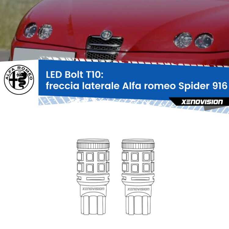 Freccia laterale LED Alfa romeo Spider 916 faro giallo: T10 Bolt <strong>Freccia laterale LED per Alfa romeo Spider</strong> 916 faro giallo. Coppia lampade <strong>T10</strong> modello Bolt canbus.