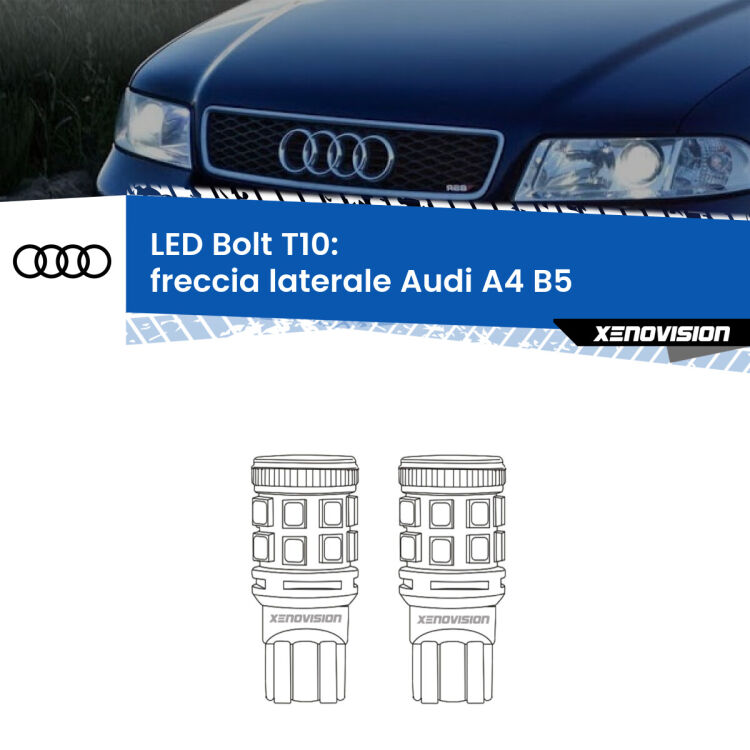 0 Freccia laterale LED Audi A4 B5 1999 - 2001: T10 Bolt <strong>Freccia laterale LED per Audi A4</strong> B5 1999 - 2001. Coppia lampade <strong>T10</strong> modello Bolt canbus.