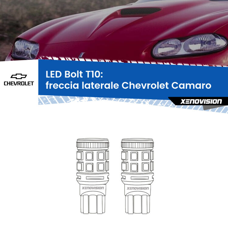0 Freccia laterale LED Chevrolet Camaro 1998 - 2002: T10 Bolt <strong>Freccia laterale LED per Chevrolet Camaro</strong> 1998 - 2002. Coppia lampade <strong>T10</strong> modello Bolt canbus.