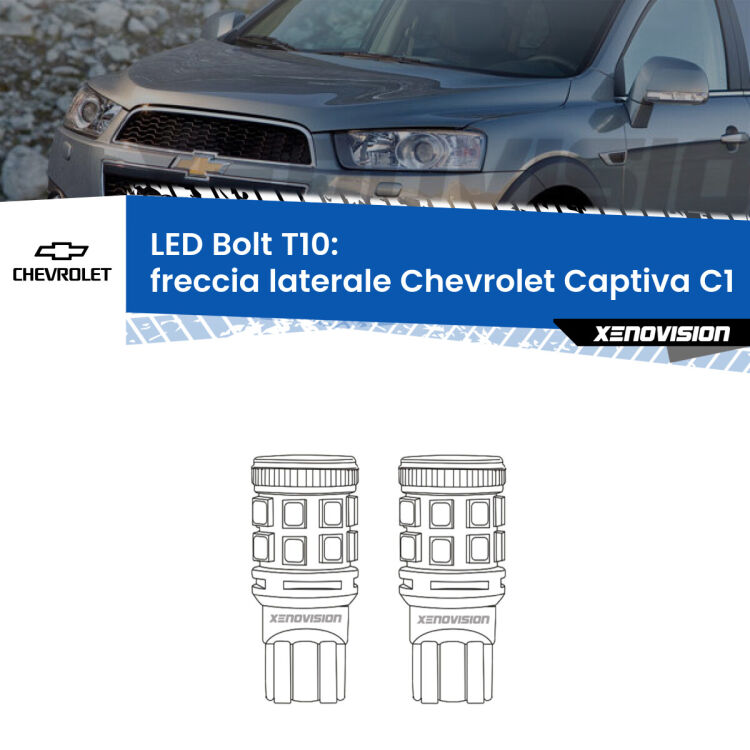 0 Freccia laterale LED Chevrolet Captiva C1 2006 - 2018: T10 Bolt <strong>Freccia laterale LED per Chevrolet Captiva</strong> C1 2006 - 2018. Coppia lampade <strong>T10</strong> modello Bolt canbus.
