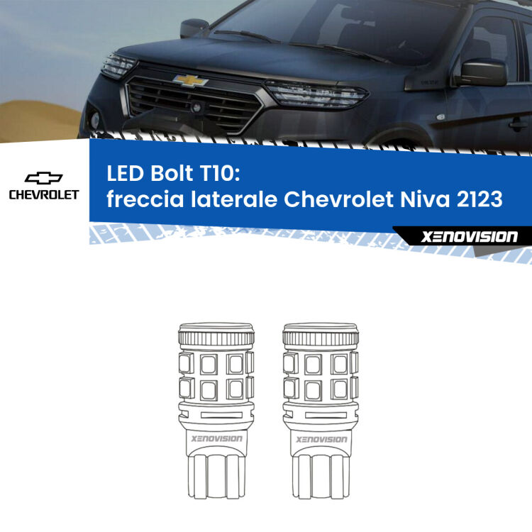 0 Freccia laterale LED Chevrolet Niva 2123 faro giallo: T10 Bolt <strong>Freccia laterale LED per Chevrolet Niva</strong> 2123 faro giallo. Coppia lampade <strong>T10</strong> modello Bolt canbus.