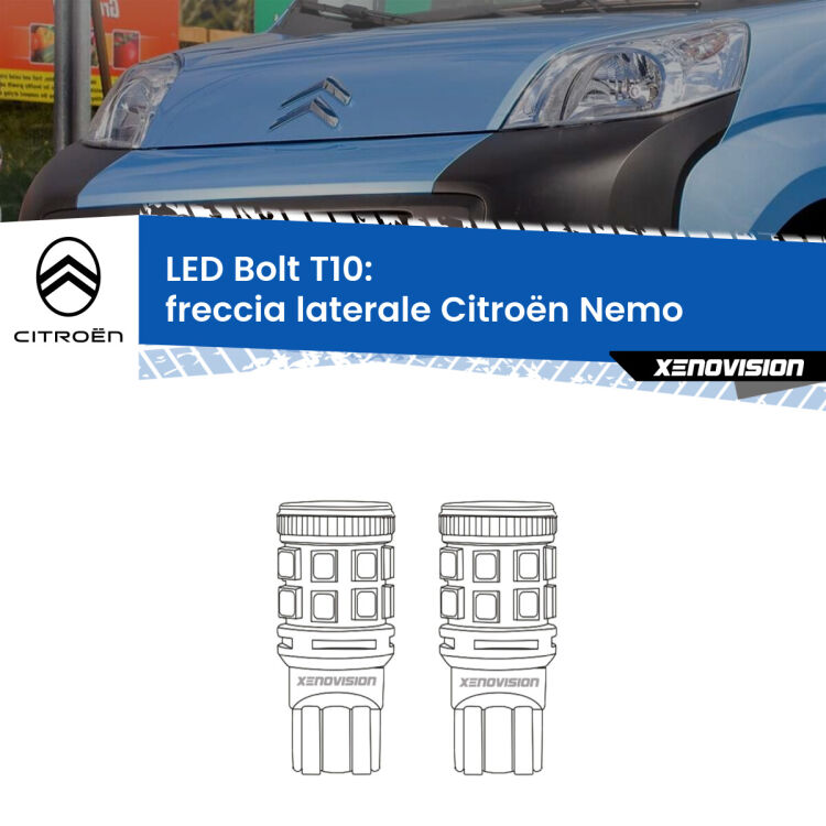 0 Freccia laterale LED Citroën Nemo  2008 in poi: T10 Bolt <strong>Freccia laterale LED per Citroën Nemo</strong>  2008 in poi. Coppia lampade <strong>T10</strong> modello Bolt canbus.