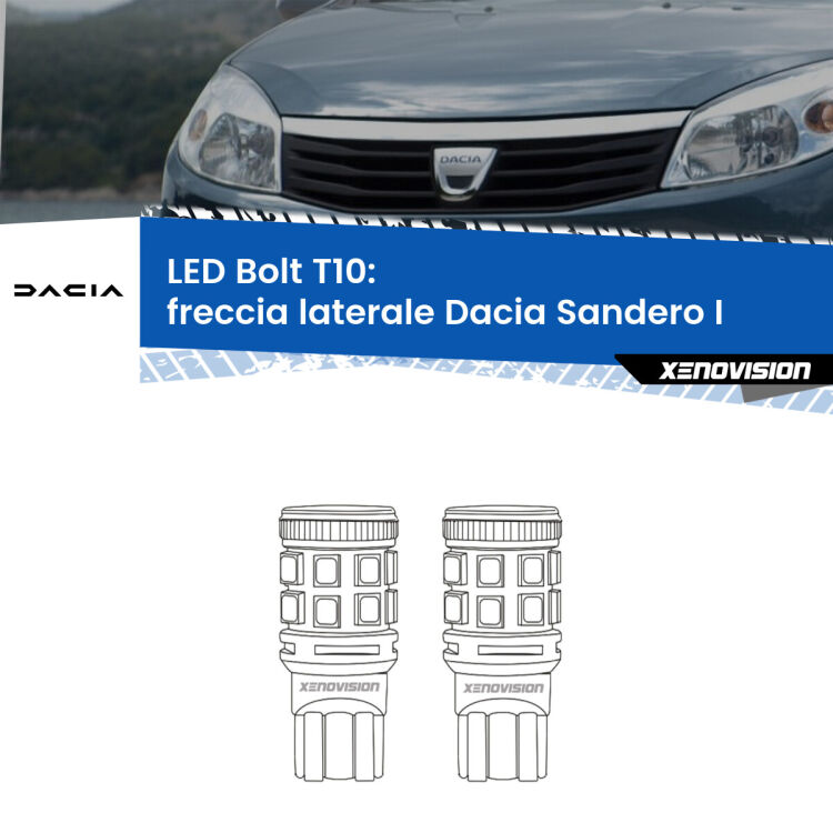 0 Freccia laterale LED Dacia Sandero I 2008 - 2012: T10 Bolt <strong>Freccia laterale LED per Dacia Sandero I</strong> 2008 - 2012. Coppia lampade <strong>T10</strong> modello Bolt canbus.