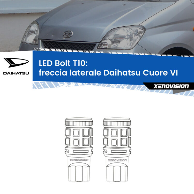 0 Freccia laterale LED Daihatsu Cuore VI 2003 - 2007: T10 Bolt <strong>Freccia laterale LED per Daihatsu Cuore VI</strong> 2003 - 2007. Coppia lampade <strong>T10</strong> modello Bolt canbus.