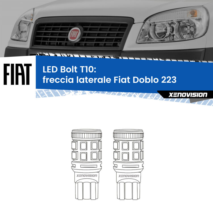 0 Freccia laterale LED Fiat Doblo 223 2000 - 2010: T10 Bolt <strong>Freccia laterale LED per Fiat Doblo</strong> 223 2000 - 2010. Coppia lampade <strong>T10</strong> modello Bolt canbus.