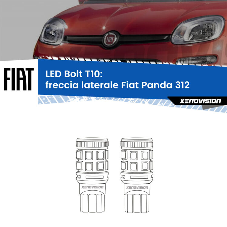 0 Freccia laterale LED Fiat Panda 312 2012 in poi: T10 Bolt <strong>Freccia laterale LED per Fiat Panda</strong> 312 2012 in poi. Coppia lampade <strong>T10</strong> modello Bolt canbus.