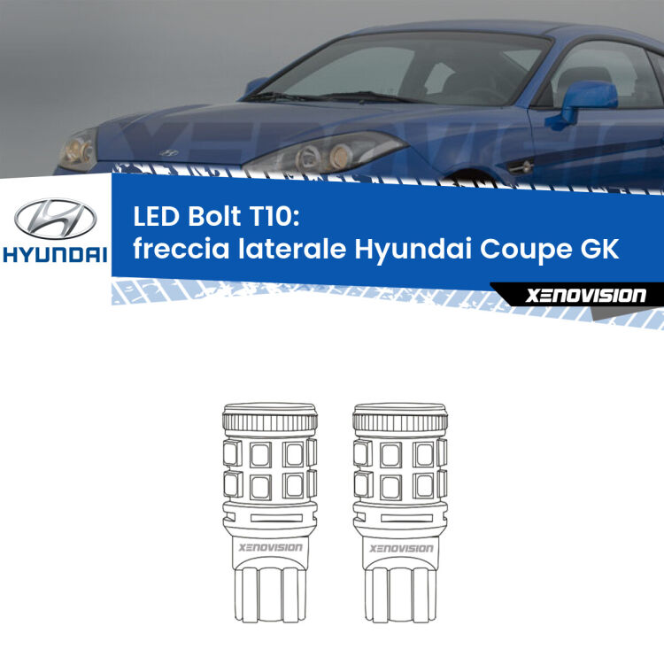 0 Freccia laterale LED Hyundai Coupe GK prima serie: T10 Bolt <strong>Freccia laterale LED per Hyundai Coupe</strong> GK prima serie. Coppia lampade <strong>T10</strong> modello Bolt canbus.