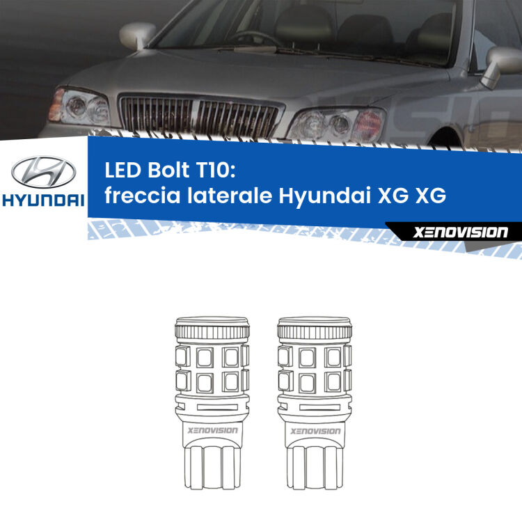 0 Freccia laterale LED Hyundai XG XG 1998 - 2005: T10 Bolt <strong>Freccia laterale LED per Hyundai XG</strong> XG 1998 - 2005. Coppia lampade <strong>T10</strong> modello Bolt canbus.