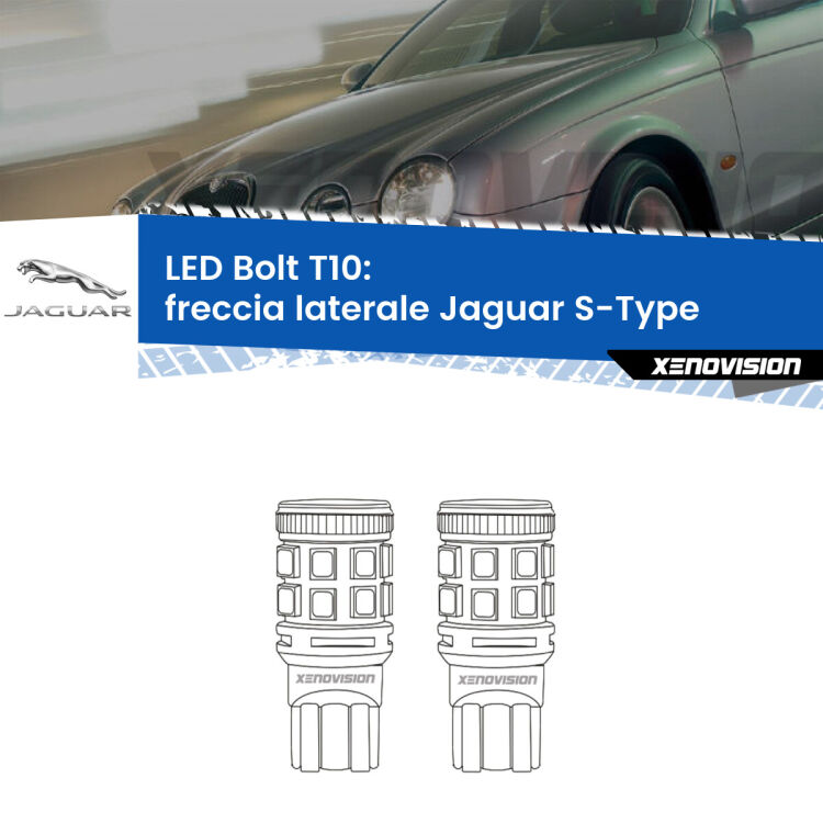 0 Freccia laterale LED Jaguar S-Type 1999 - 2007: T10 Bolt <strong>Freccia laterale LED per Jaguar S-Type</strong> 1999 - 2007. Coppia lampade <strong>T10</strong> modello Bolt canbus.