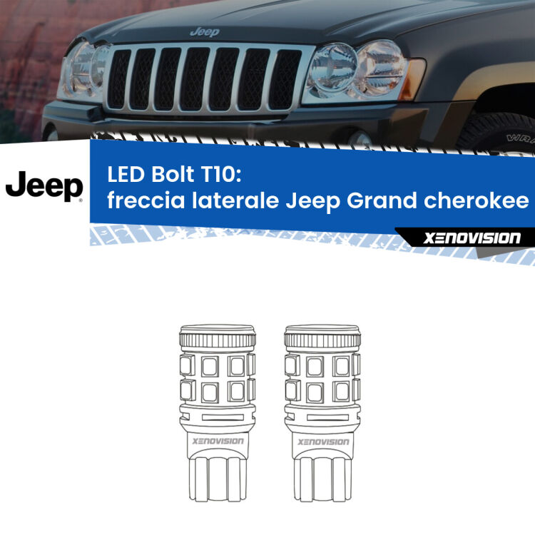 0 Freccia laterale LED Jeep Grand cherokee III WK 2005 - 2010: T10 Bolt <strong>Freccia laterale LED per Jeep Grand cherokee III</strong> WK 2005 - 2010. Coppia lampade <strong>T10</strong> modello Bolt canbus.