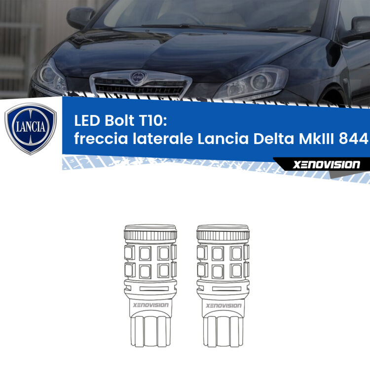 0 Freccia laterale LED Lancia Delta MkIII 844 2008 - 2014: T10 Bolt <strong>Freccia laterale LED per Lancia Delta MkIII</strong> 844 2008 - 2014. Coppia lampade <strong>T10</strong> modello Bolt canbus.