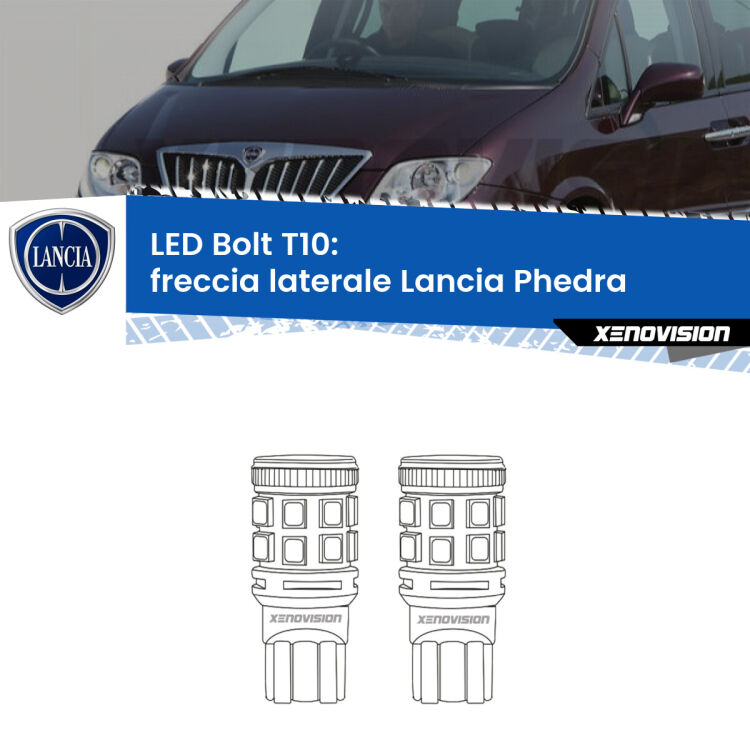0 Freccia laterale LED Lancia Phedra 2002 - 2010: T10 Bolt <strong>Freccia laterale LED per Lancia Phedra</strong> 2002 - 2010. Coppia lampade <strong>T10</strong> modello Bolt canbus.