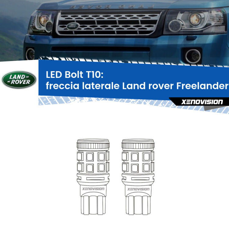 Freccia laterale LED Land rover Freelander 2 L359 faro bianco: T10 Bolt <strong>Freccia laterale LED per Land rover Freelander 2</strong> L359 faro bianco. Coppia lampade <strong>T10</strong> modello Bolt canbus.