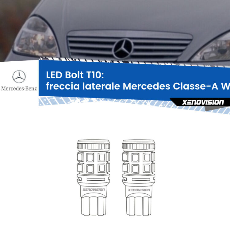 Freccia laterale LED Mercedes Classe-A W168 faro bianco: T10 Bolt <strong>Freccia laterale LED per Mercedes Classe-A</strong> W168 faro bianco. Coppia lampade <strong>T10</strong> modello Bolt canbus.