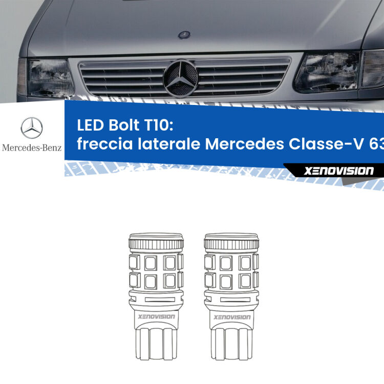 0 Freccia laterale LED Mercedes Classe-V 638/2 1996 - 2003: T10 Bolt <strong>Freccia laterale LED per Mercedes Classe-V</strong> 638/2 1996 - 2003. Coppia lampade <strong>T10</strong> modello Bolt canbus.