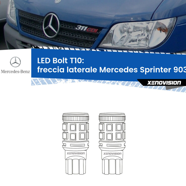 0 Freccia laterale LED Mercedes Sprinter 903 1995 - 2006: T10 Bolt <strong>Freccia laterale LED per Mercedes Sprinter</strong> 903 1995 - 2006. Coppia lampade <strong>T10</strong> modello Bolt canbus.