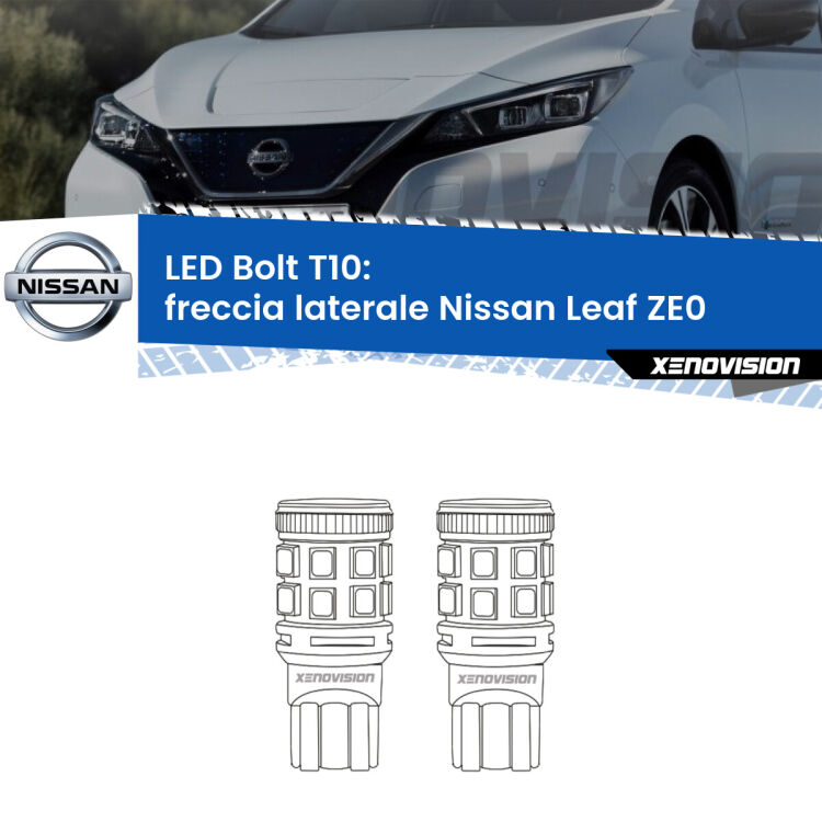 0 Freccia laterale LED Nissan Leaf ZE0 2010 - 2016: T10 Bolt <strong>Freccia laterale LED per Nissan Leaf</strong> ZE0 2010 - 2016. Coppia lampade <strong>T10</strong> modello Bolt canbus.