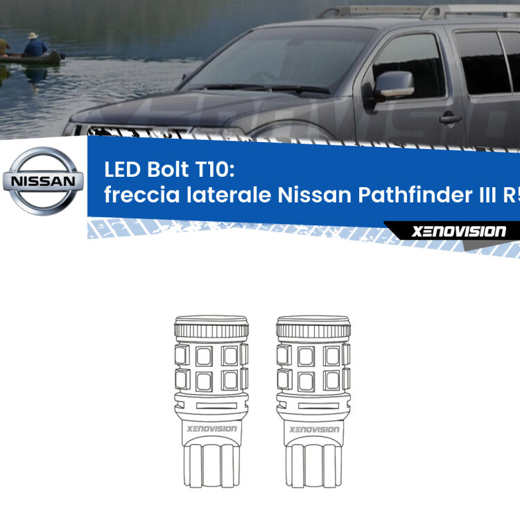 0 Freccia laterale LED Nissan Pathfinder III R51 2005 - 2011: T10 Bolt <strong>Freccia laterale LED per Nissan Pathfinder III</strong> R51 2005 - 2011. Coppia lampade <strong>T10</strong> modello Bolt canbus.