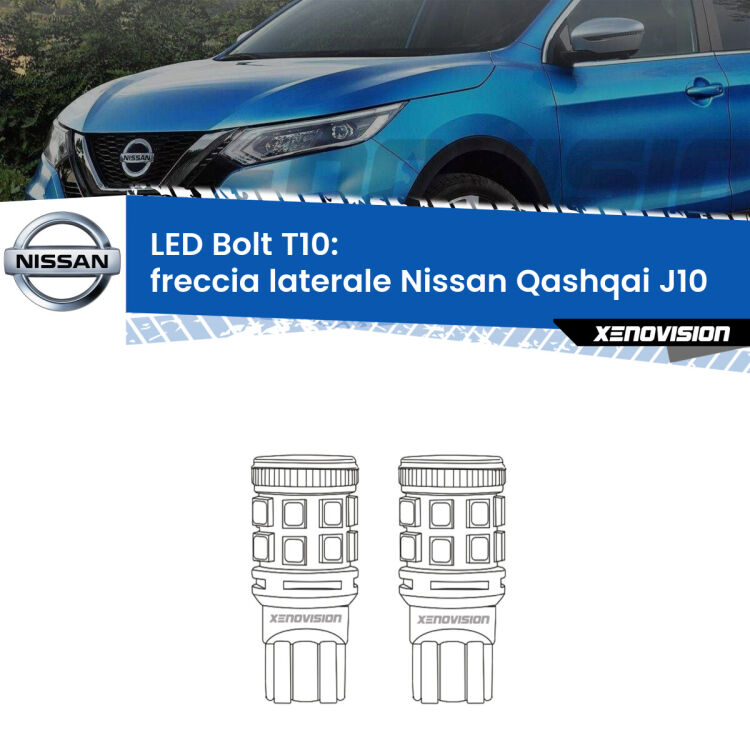 0 Freccia laterale LED Nissan Qashqai J10 2007 - 2013: T10 Bolt <strong>Freccia laterale LED per Nissan Qashqai</strong> J10 2007 - 2013. Coppia lampade <strong>T10</strong> modello Bolt canbus.