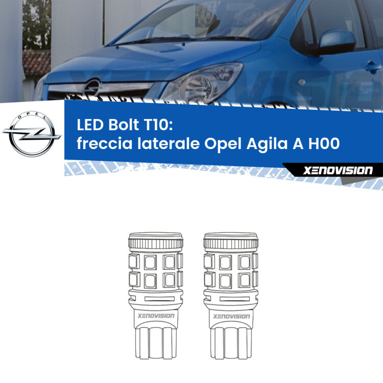 0 Freccia laterale LED Opel Agila A H00 2000 - 2007: T10 Bolt <strong>Freccia laterale LED per Opel Agila A</strong> H00 2000 - 2007. Coppia lampade <strong>T10</strong> modello Bolt canbus.